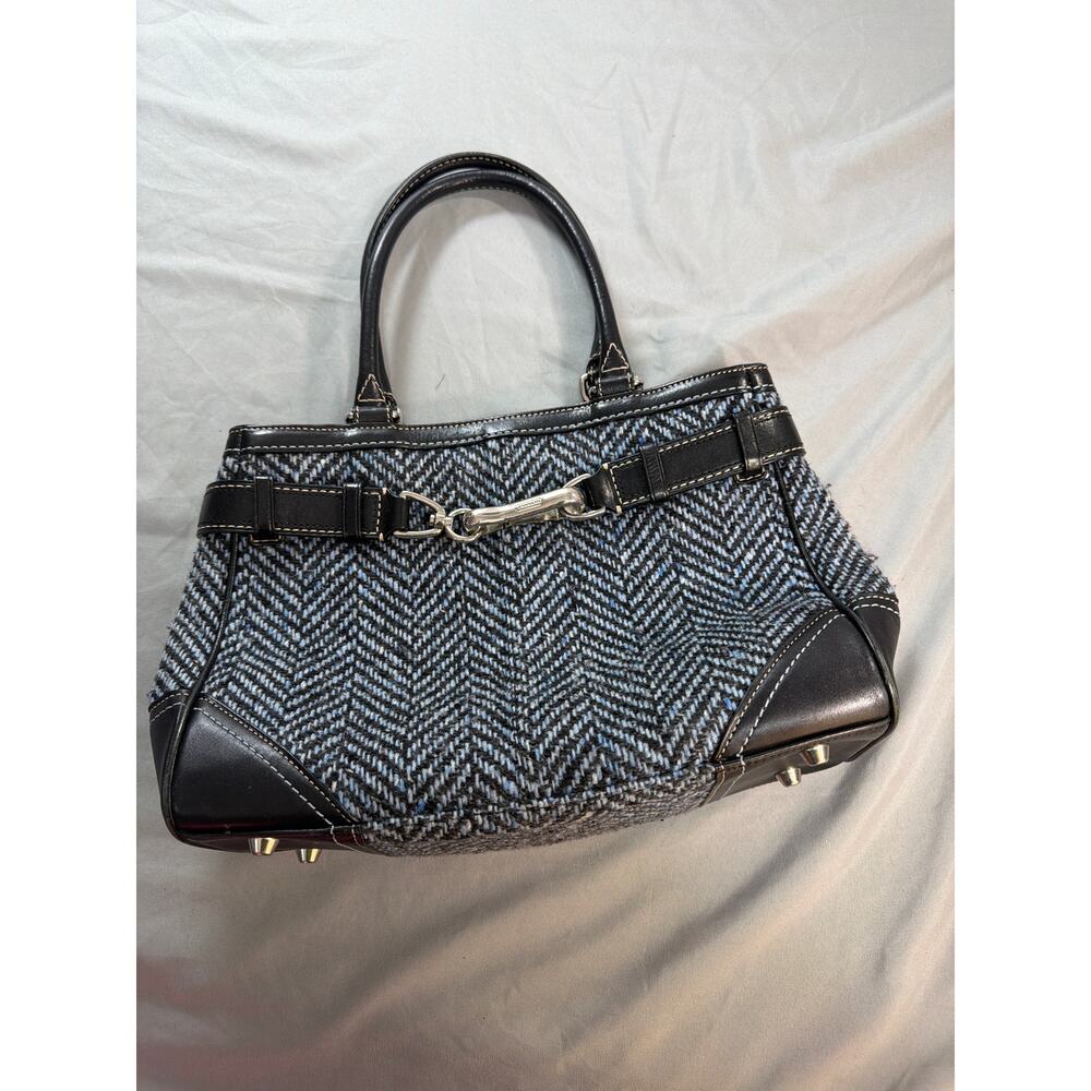 Coach F11215 Hampton Satchel Blue Black Wool Tweed Leather Bag Y2K